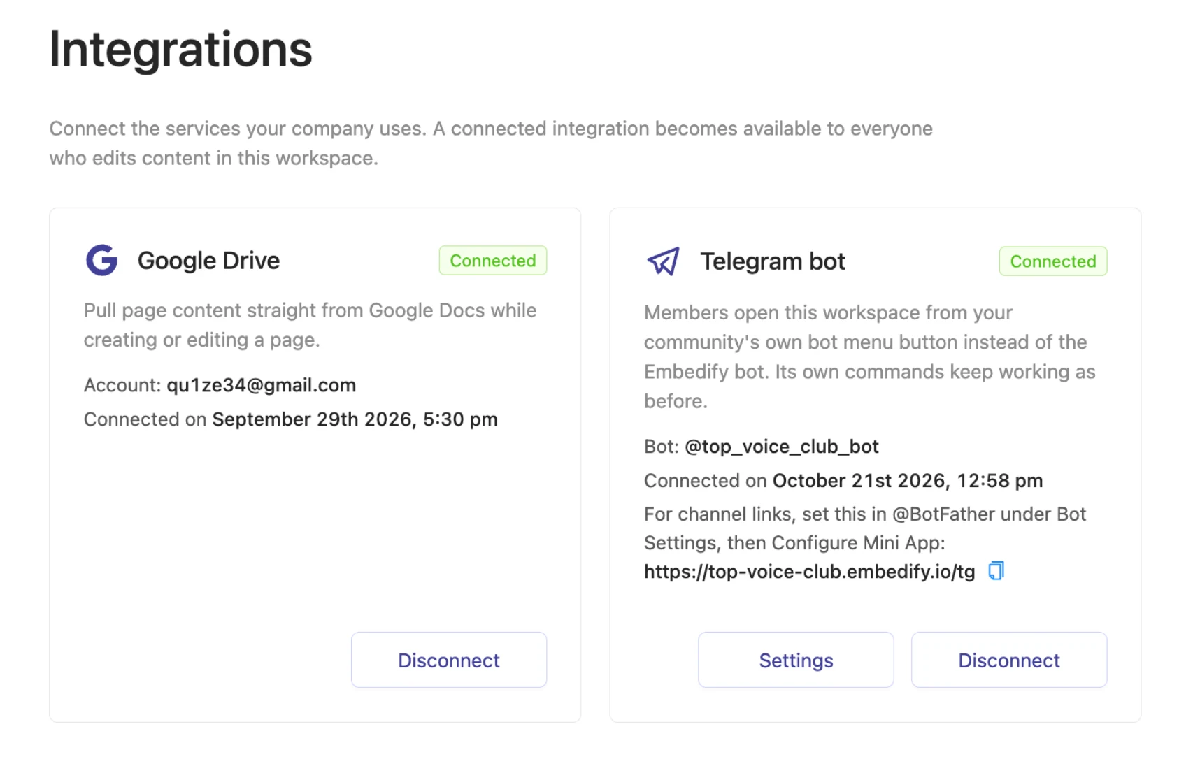 Telegram bot integration settings in Embedify workspace admin
